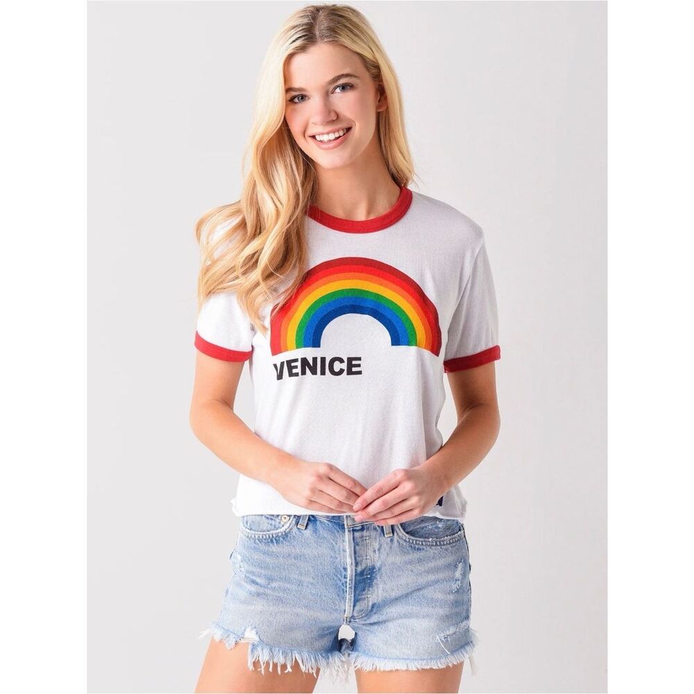 Aviator Nation White Venice Rainbow Ringer Tee with Red Trim